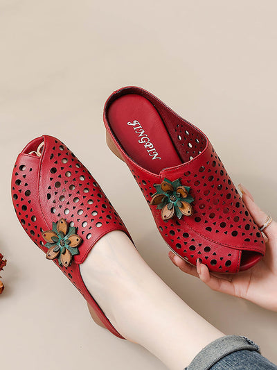 Women Summer Genuine Leather Flower Mid Heel Slippers
