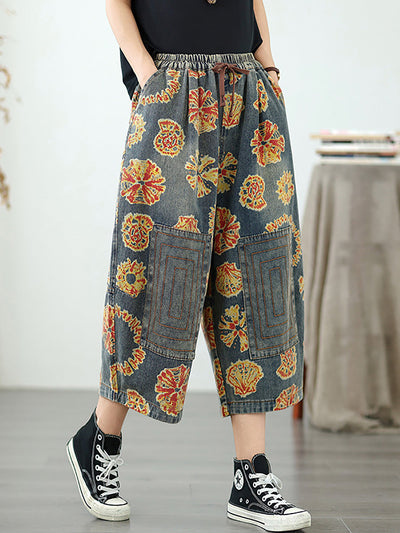 Women Retro Flower Denim Straight Capri Pants