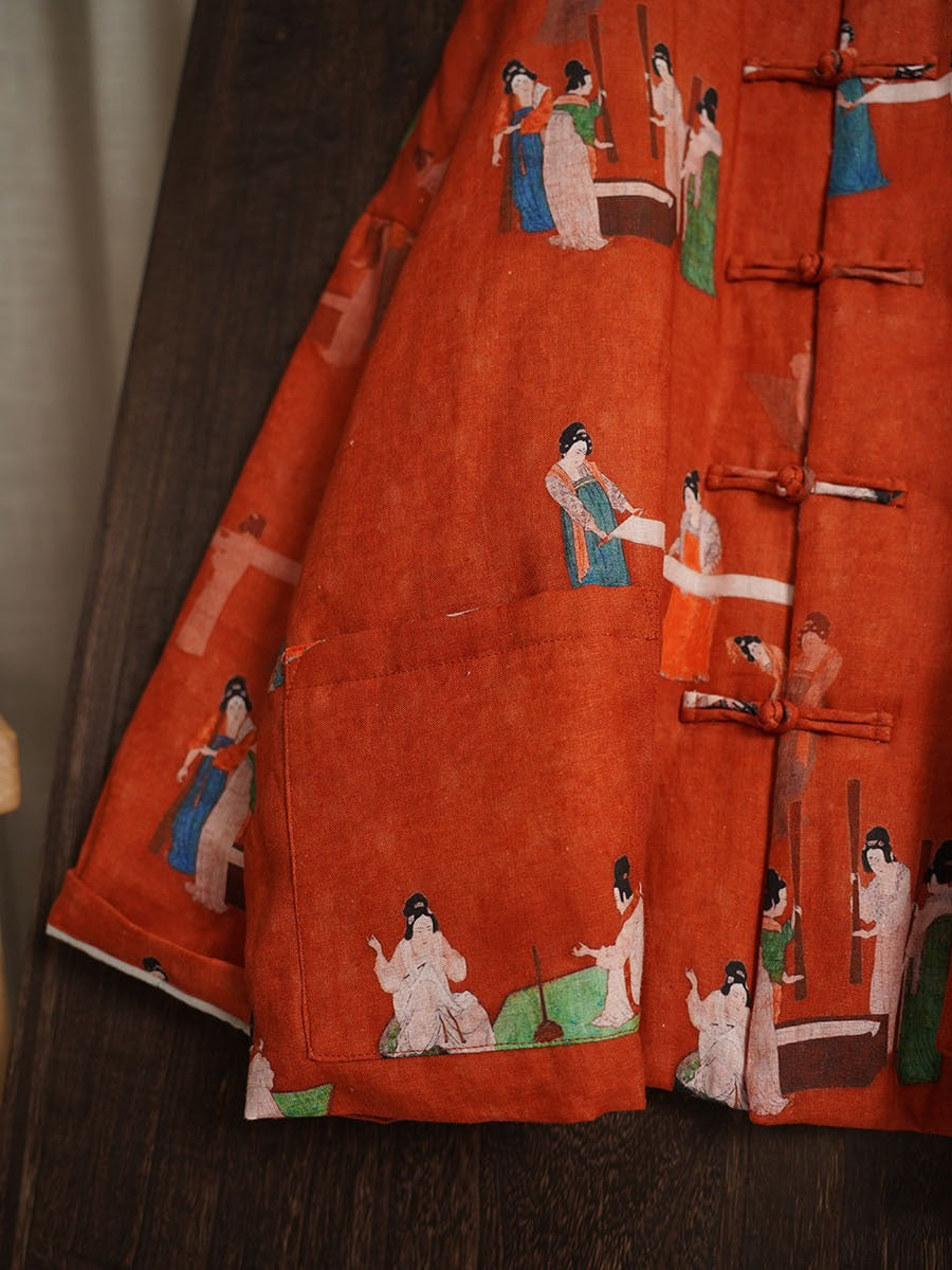 Women Ethnic Print Winter Linen Padded Coat