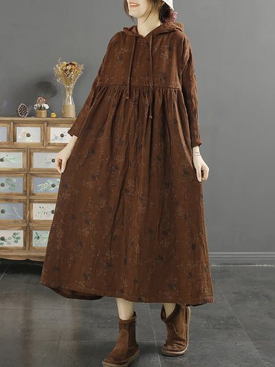 Plus Size Women Retro Floral Shirred Loose Hooded Dress
