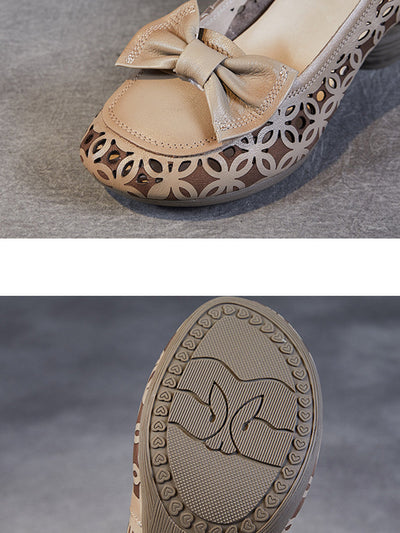 Women Summer Leather Flower Hollow Out Bowknot Shoes