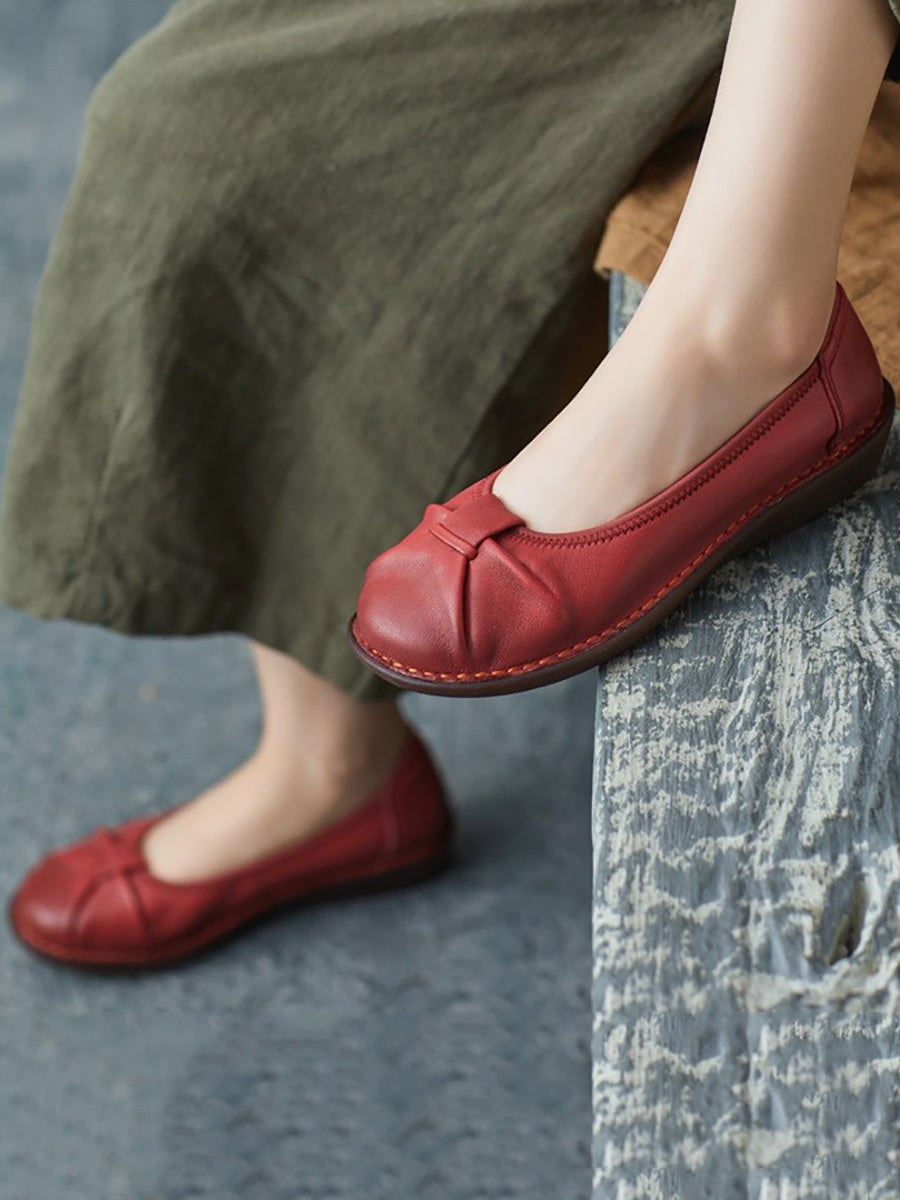 Women Ethnic Pure Color Genuine Leather Low Heel Shoes