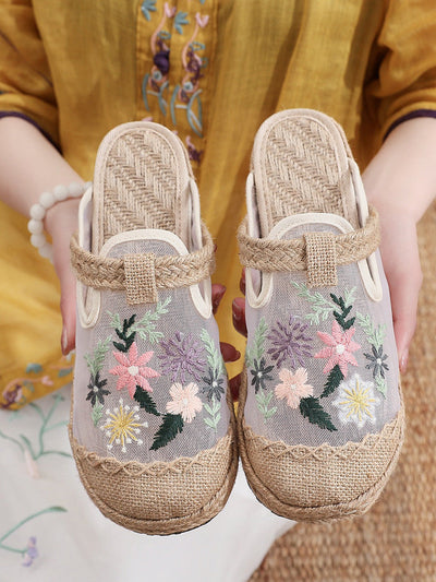 Women Summer Flower Embroidery Slippers