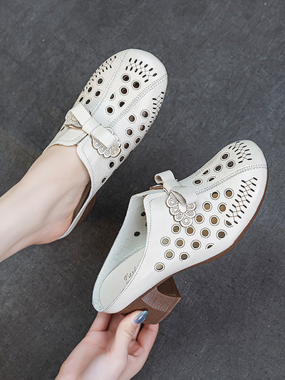 Women Summer Genuine Leather Hollow Out Mid Heel Slippers