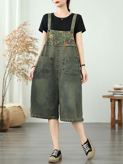 Women Summer Flower Spliced Denim Fifth Jumpsuits