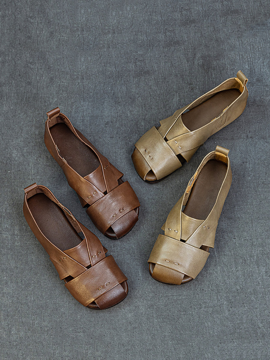 Women Vintage Genuine Leather Flat Sandals