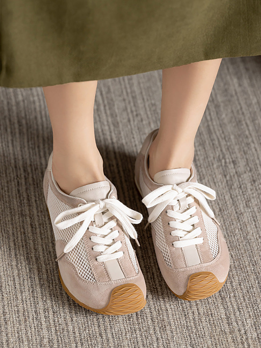 Women Summer Vintage Leather Spliced Mesh Shoes