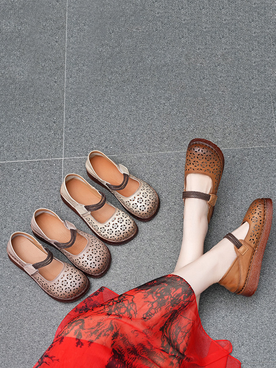 Women Rtro Genuine Leather Hollow Out Low Heel Shoes