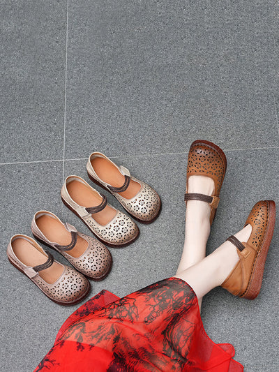 Women Rtro Genuine Leather Hollow Out Low Heel Shoes