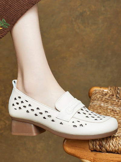 Women Summer Leather Hollow Out Mid Heel Shoes