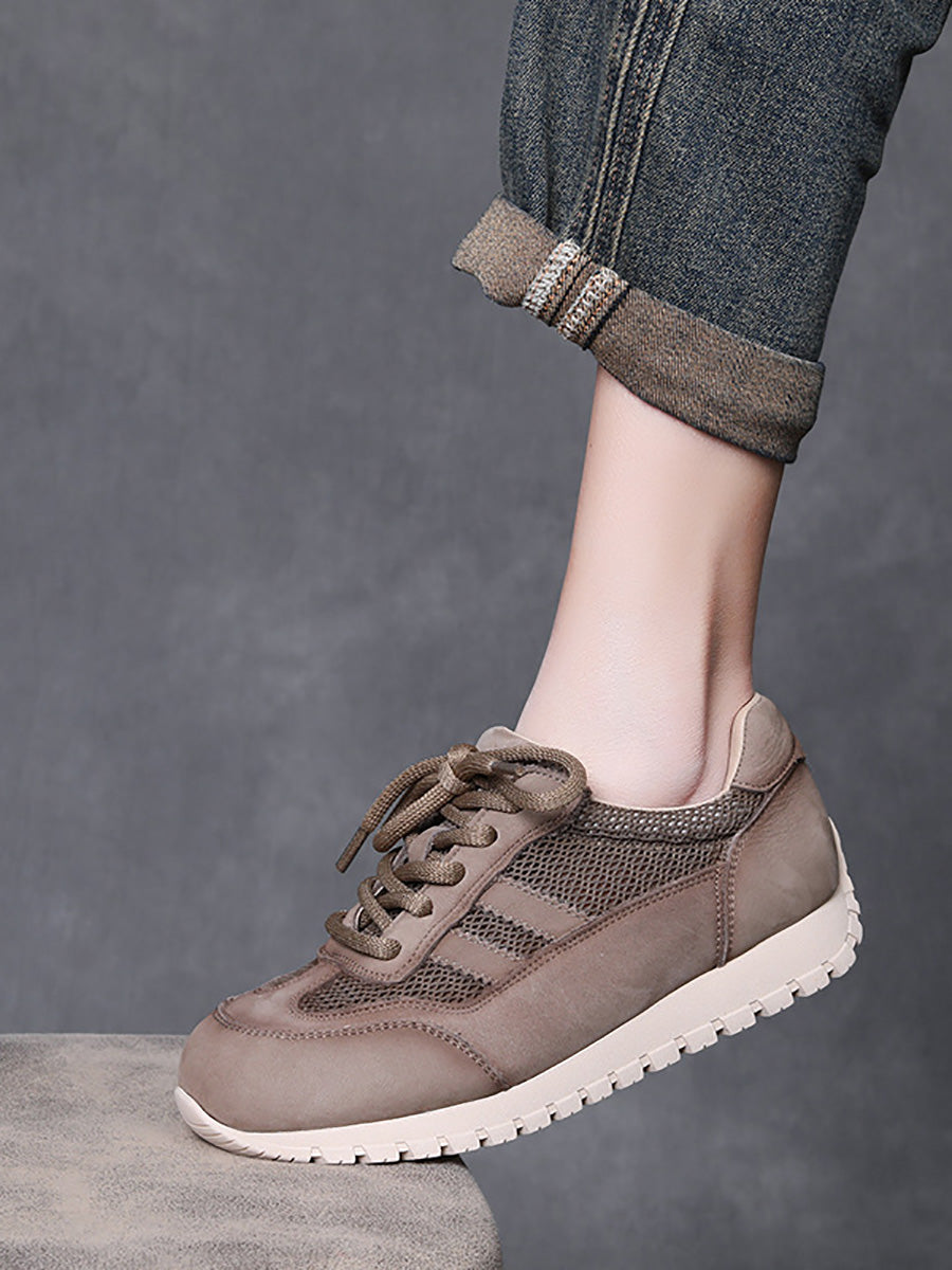 Women Casual Genuine Leather Spliced Flat Sport Shoes