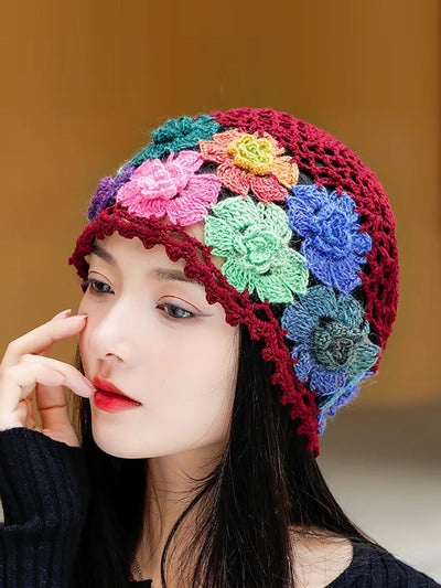 Women Artsy Colorful Flower Knit Hat