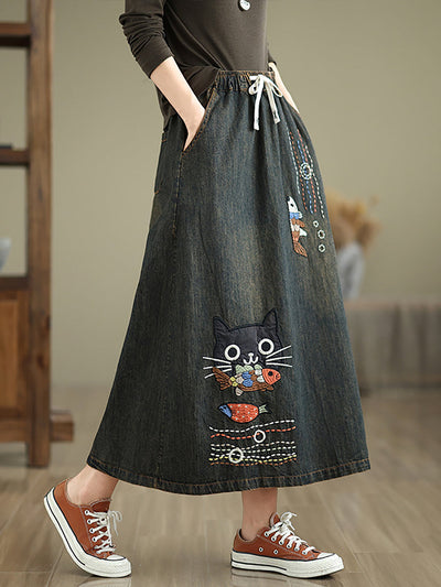 Women Spring Artsy Cat Fish Embroidery Denim Skirt