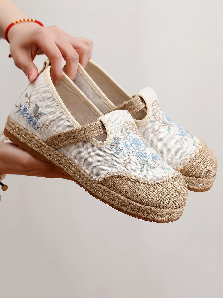 Women Vintage Summer Flower Cloth Linen Shoes