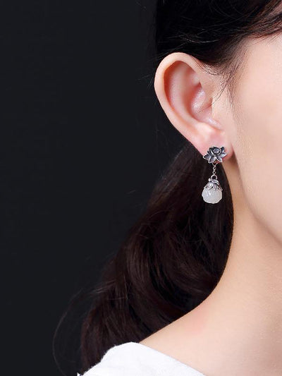 Women Vintage Allot Lotus Jade Earrings