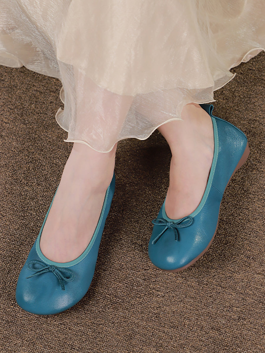 Women Summer Casual Solid Leather Bowknot Shoes