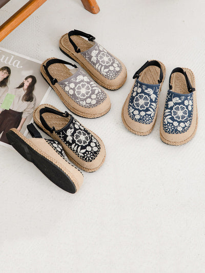 Women Ethnic Flower Embroidery Linen Sandals