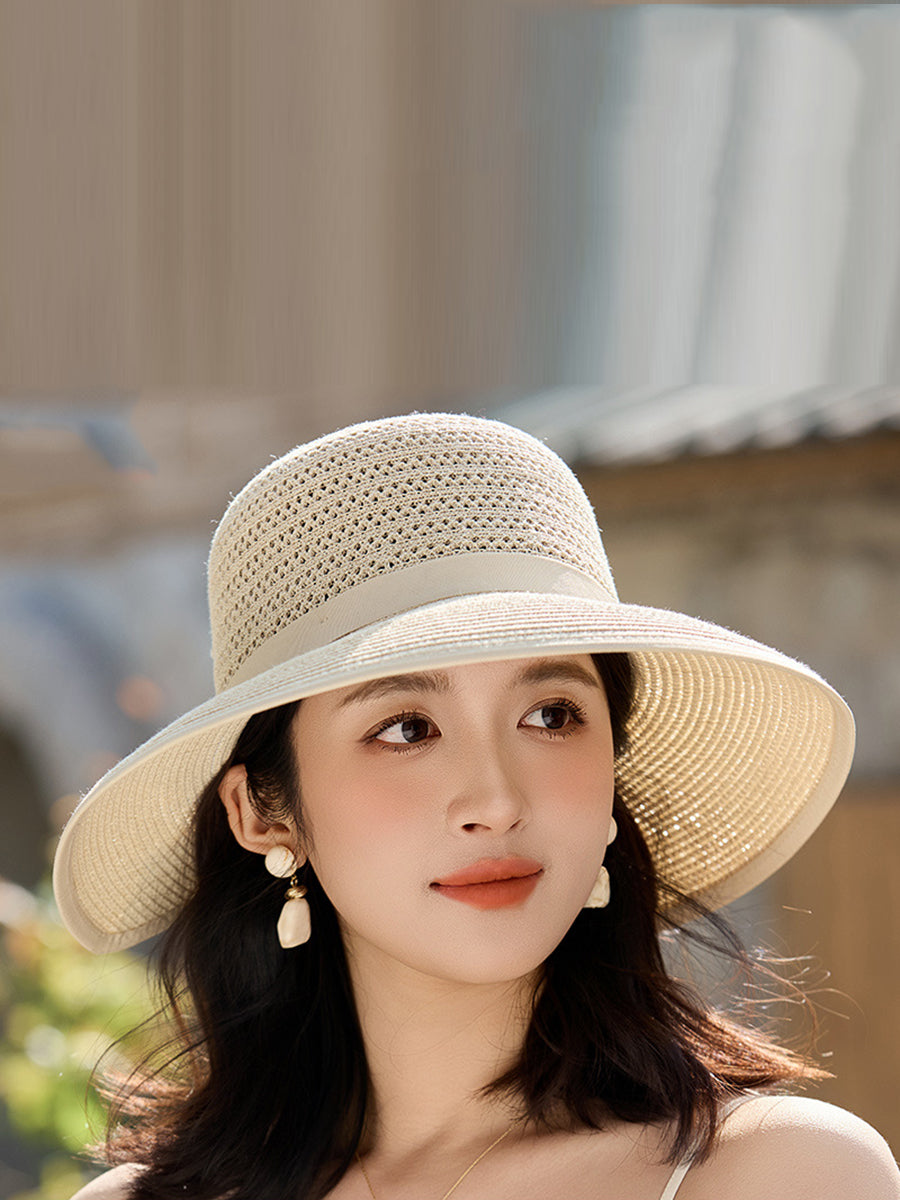 Women Summer Bowknot Straw Weave Sunproof Hat