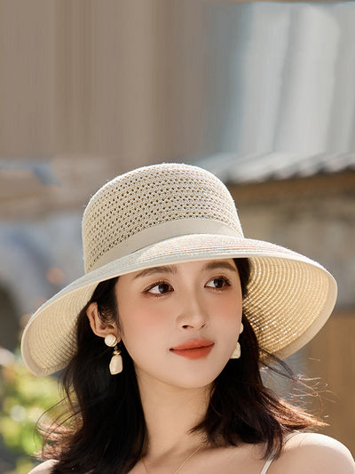 Women Summer Bowknot Straw Weave Sunproof Hat