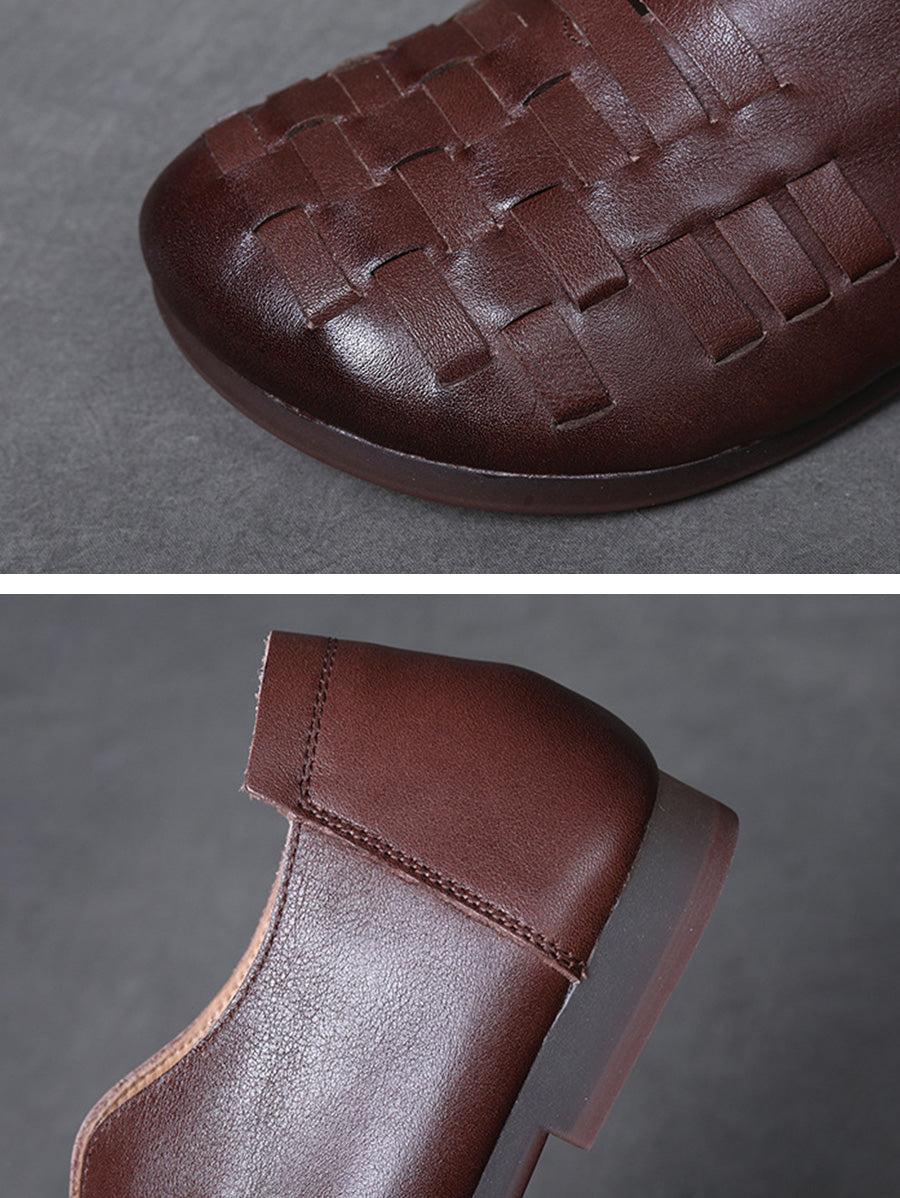Women Retro Leather Weave Low Heel Shoes