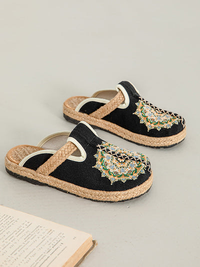 Women Summer Flower Embroidery Linen Slippers