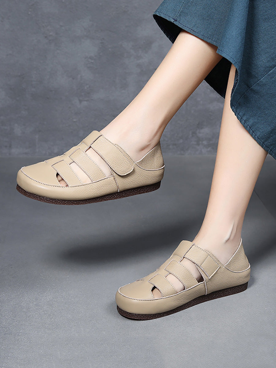 Women Summer Pure Color Genuine Leather Spliced Sandals