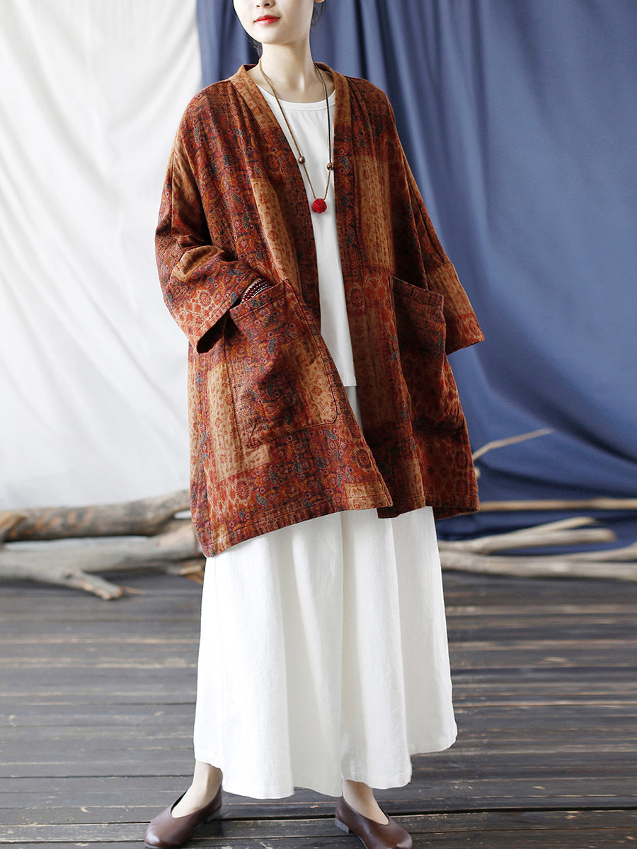 Plus Size  Women Autumn Ethnic Pocket Loose Print Loose Coat