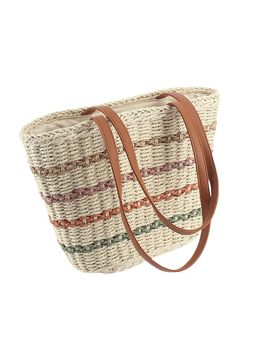 Women Fashion Colorblock Straw Weave Shoulder Bag
