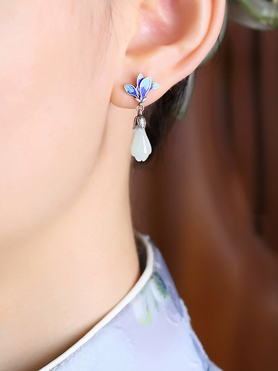 Women Ethnic Jade Magnolia Enamel Flower