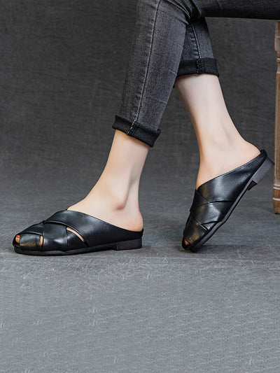 Women Summer Soft Leather Low Heel Weave Slippers