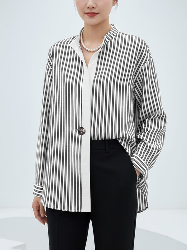 Long Sleeves Loose Buttoned Striped Stand Collar Blouses&Shirts Tops