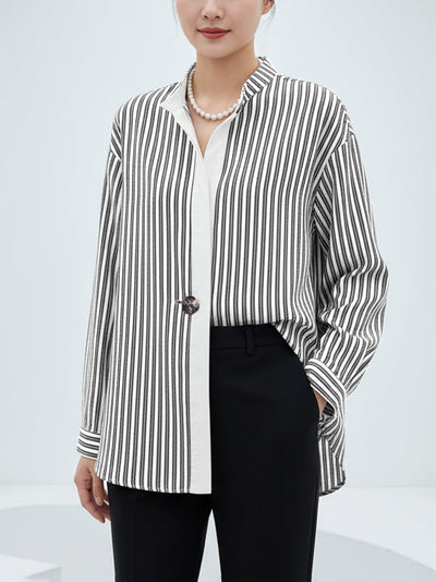 Long Sleeves Loose Buttoned Striped Stand Collar Blouses&Shirts Tops