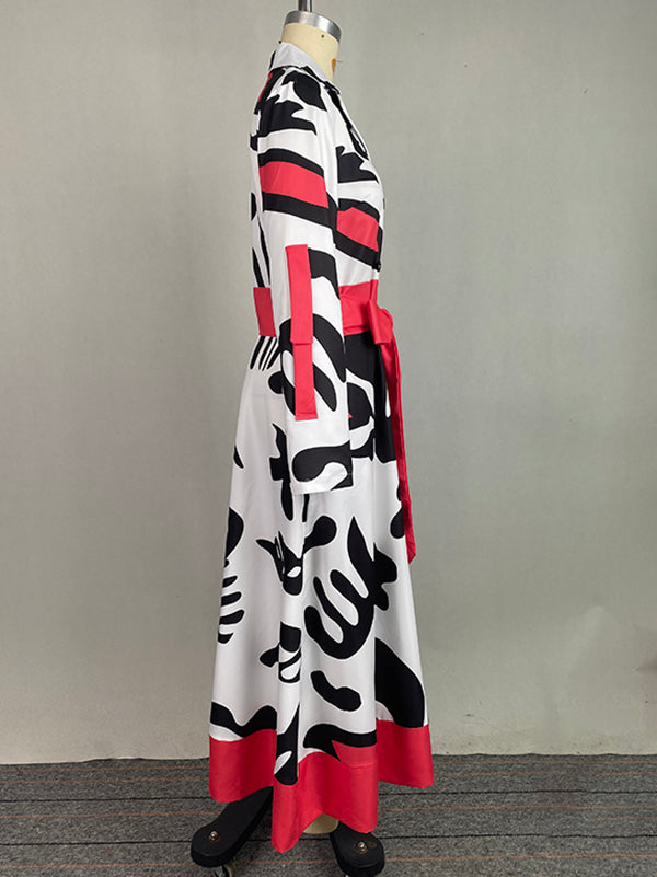 A-Line Long Sleeves Buttoned Contrast Color Tied Waist Notched Collar Maxi Dresses Shirt Dress