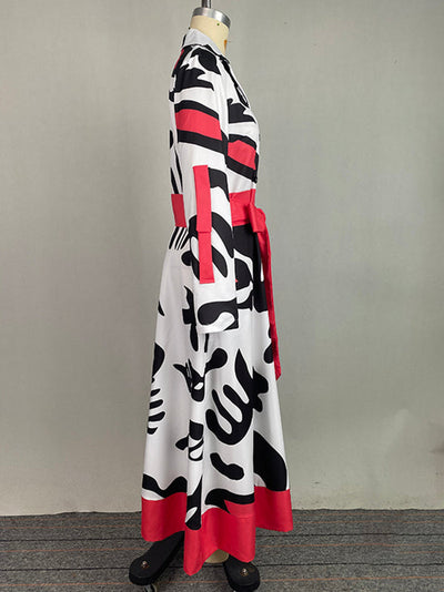 A-Line Long Sleeves Buttoned Contrast Color Tied Waist Notched Collar Maxi Dresses Shirt Dress