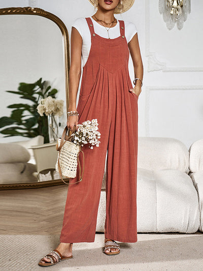 Loose Sleeveless Pleated Pockets Split-Joint Spaghetti-Neck Overalls