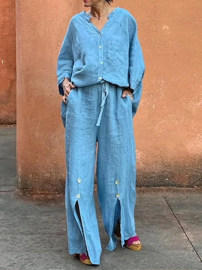 Loose Wide Leg Drawstring Solid Color Split-Front Split-Joint Pants Trousers