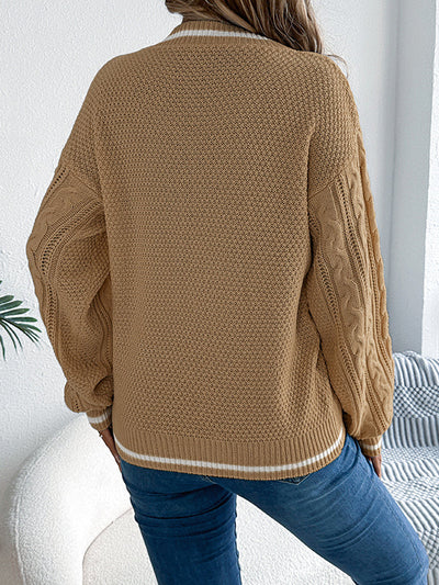 Long Sleeves Puff Sleeves Cable Knit Contrast Color Split-Joint V-Neck Knit Top Sweater Tops