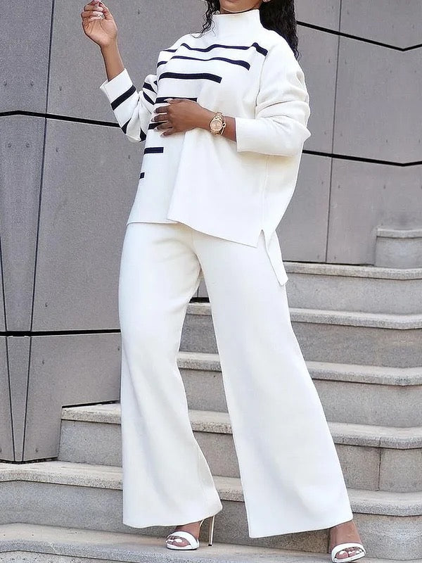 High-Low Long Sleeves Contrast Color Split-Side High Neck Pullovers Sweater Tops