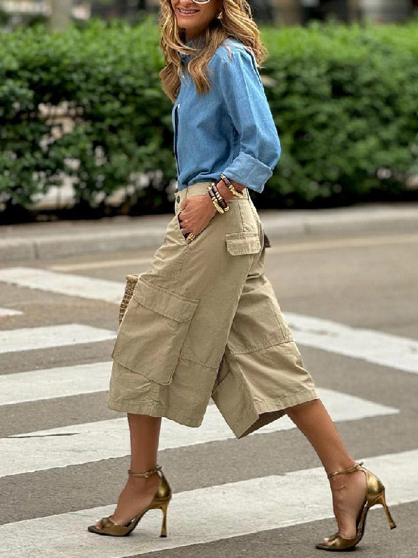 Loose Wide Leg Buttoned Pockets Solid Color Split-Joint Capri-Pants Cropped Trousers