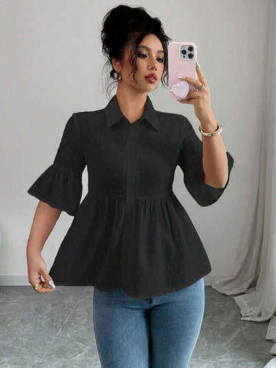 A-Line Flared Sleeves Buttoned Jacquard Pleated Solid Color Lapel Blouses&Shirts Tops