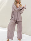 Flared Sleeves Long Sleeves Buttoned Drawstring Pleated Solid Color Split-Side Lapel Shirts Top + Pants Bottom Pajama Sets