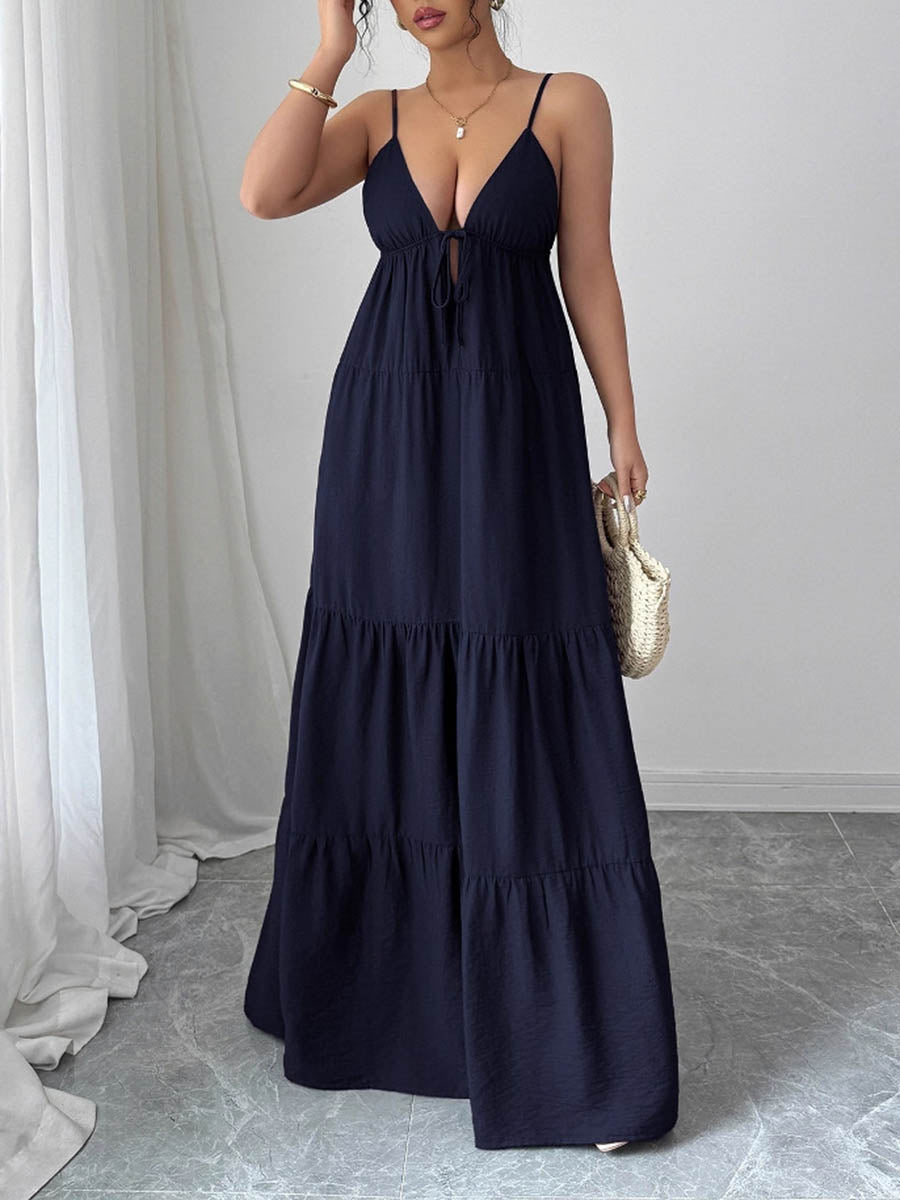 A-Line Sleeveless Backless Drawstring Pleated Solid Color Spaghetti-Neck Maxi Dresses