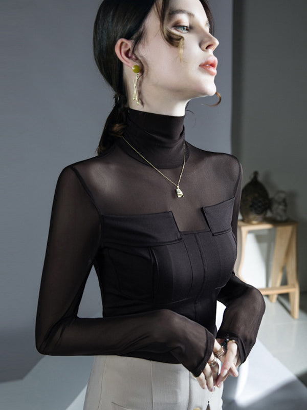 Long Sleeves Skinny See-Through Solid Color Split-Joint High Neck Blouses&Shirts Tops
