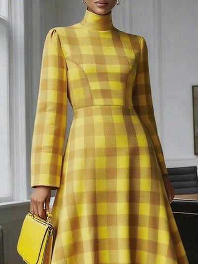 A-Line High Waisted Contrast Color Plaid High Neck Midi Dresses