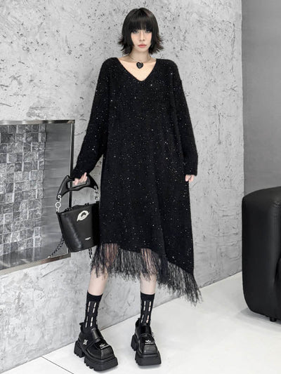 Irregularity Long Sleeves Contrast Color Sequined Shiny Split-Joint Tasseled V-Neck Midi Dresses Sweater Dresses