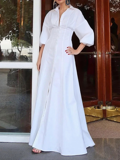 High Waisted Long Sleeves Buttoned Solid Color Lapel Maxi Dresses