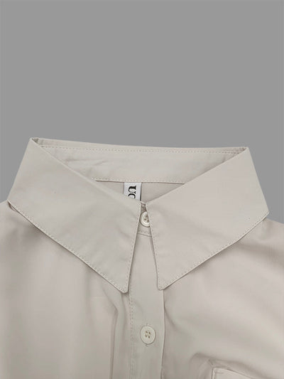 High-Low Long Sleeves Buttoned Drawstring Pleated Pockets Solid Color Lapel Midi Dresses