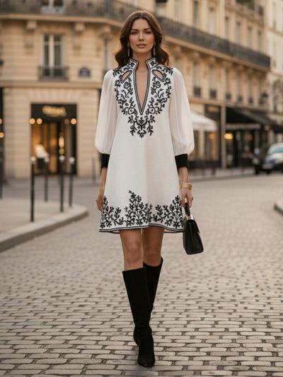 A-Line Long Sleeves Contrast Color Flower Print Hollow Split-Joint Stand Collar Mini Dresses