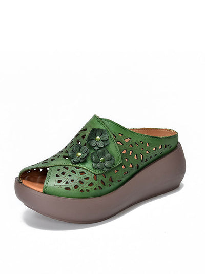 Women Ethnic Flower Leather Hollow Out Platfrom Slippers