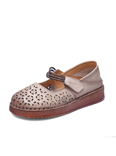 Women Rtro Genuine Leather Hollow Out Low Heel Shoes